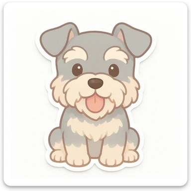 chibi sticker of a mini schnauzer, sitting, tongue out, pastel colors, white background sticker
