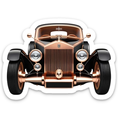 Dark black Bare bones streamlined sporty (stripped down) hot rodded engine rose gold sports car 1932 Rolls Royce Woody futuristic electric spaceship plasma neon glowing motors and lightening dynamos with wide racing wheels that are held strong by advanced suspension and steering sticker