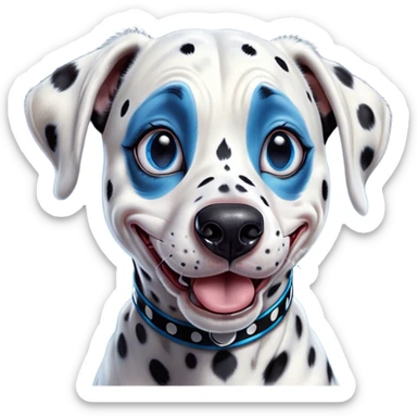 Cinematic Comical Harlequin Dalmatian Portrait Emoji, Head tilted dramatically with an exaggeratedly shocked or amused expression, featuring a striking Fur of predominantly white with vivid black patches, wide, expressive blue eyes filled with playful disbelief, Simplified yet hilariously expressive features, highly detailed, glowing with a slightly sassy glow, high shine, dramatic yet playful, stylized with an air of cheeky charm, bright and endearing, soft glowing outline, capturing the essence of a spirited and over-the-top guardian, so meme-worthy it feels like it could side-eye its way into internet fame instantly! sticker