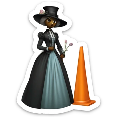galora in Victorian dress elegant, full body, holding "big traffic cone" sticker