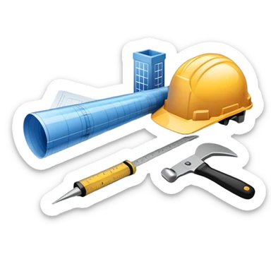An icon featuring a blueprint, a hard hat, and construction tools, symbolizing architecture and construction. The design includes a ruler, building materials, and a skyscraper, representing the design and building process. Transparent background highlights the art and science of creating structures. sticker