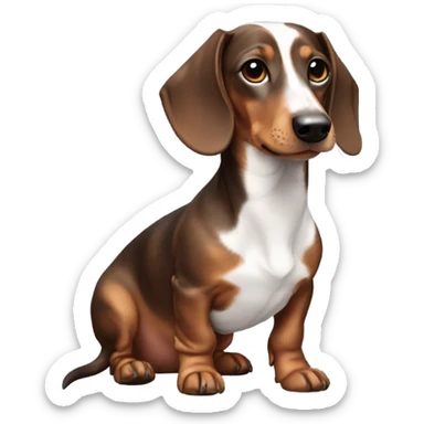 a dachshund, features a smooth coat with a white body patterned with dark brown patches and a brown head shaded with darker tones. With one eye dark brown and the other one blue  sticker