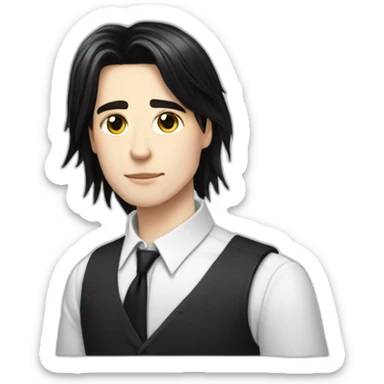 androgynous white boy bang black straight hair white shirt black tie sticker