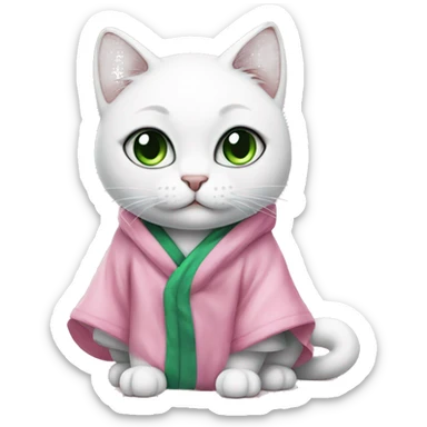 A white cat with big black spots and green eyes in a pink robe sticker