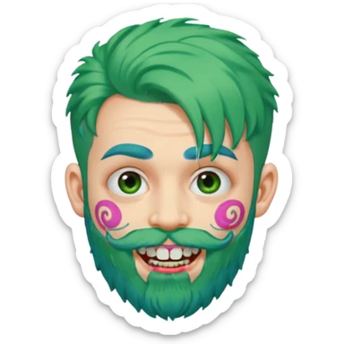 very colorful puffy green haired man just beard  no mustache made out of candy wearing teeth-braces and excessive face tattoos just face  sticker