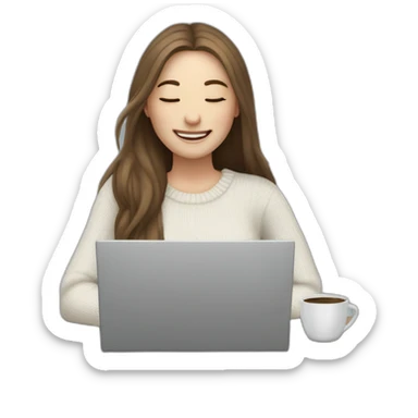 smiling woman pale skin middle brown long straight hair with a closed laptop and a coffee mug wearing a white woolly shirt having her eyes closed in a snowstorm sticker