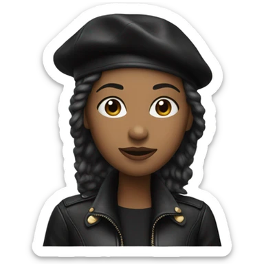 An African American woman wearing a black leather jacket and black beret sticker