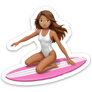 Girl with long brown hair surfing at pink short board in the white swimsuit  sticker