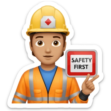 a guy wearing safety outfit with helmet holding a panel written on it SAFETY FIRST sticker