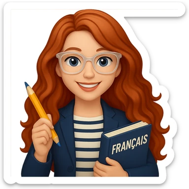 Make her hair even longer and wavier, and make her glasses clear-framed. Keep her as a French teacher in a casual chic outfit, holding a pencil and a French textbook, smiling. The style should resemble emoji style. Remove the background. sticker