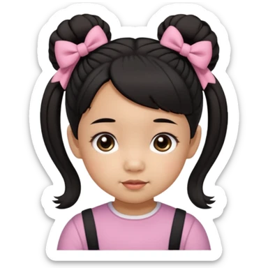 mixed 1 year old girl asian and american with short pigtails and cute bows i dark brown/black hair with big brown eyes emoji sticker