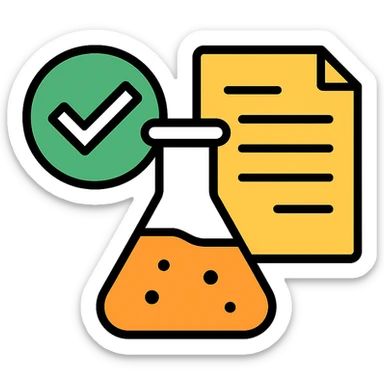 business-friendly icon representing an approval workflow for a diagnostic lab, featuring a checkmark, lab flask, and document, clean and professional style sticker