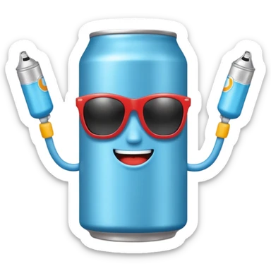 A soda can with a light blue color, with legs, arms, and a face. It can be seen wearing sunglasses sticker
