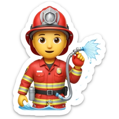 A 3D Apple-style yellow emoji character dressed as a firefighter in a bright red uniform and helmet, holding a fire hose spraying water forward, determined expression with cartoonish eyes, water splashing effect, clean minimal background sticker