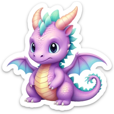 Cinematic fluffy pastel dragon, tiny round wings, chubby feet, sparkling gentle eyes, delicate glowing scales, soft colors blending magically, enchanting and whimsical. sticker