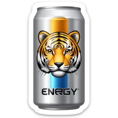 energy drink with with silver background color and a tiger on it also have sign and written as like energy drinks sticker