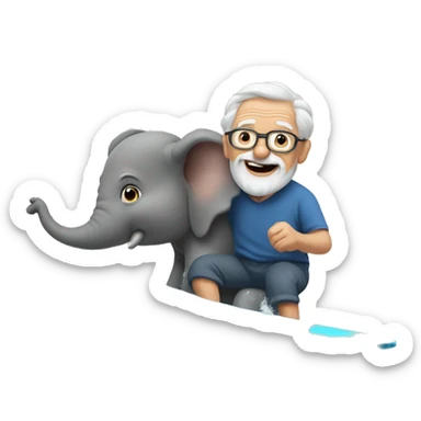 Grandpa surfs on the waves holding an elephant in his hands sticker