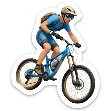 A thrilling downhill mountain biking scene! A rider in full gear speeds down a steep rocky trail, kicking up dust. The rugged mountain landscape surrounds them, with towering peaks, evergreen trees, and a bright blue sky. The rush of adventure is in the air. Transparent background. sticker