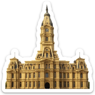 cinematic, realistic emoji of Philadelphia City Hall, straight-on perspective, featuring majestic, ornate architecture, lifelike detail, bright regal lighting as on a sunny day, accurate building colors sticker