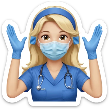 enfermera rubia con pelo largo sin balaca en el pelo, con mascarilla y guantes azules las dos manos arriba sticker