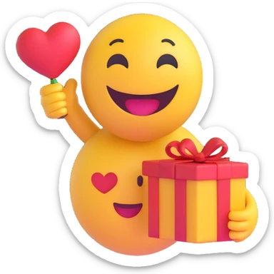 3D smiley emoji, round shape, in love, holding a gift, smiling face, no body sticker
