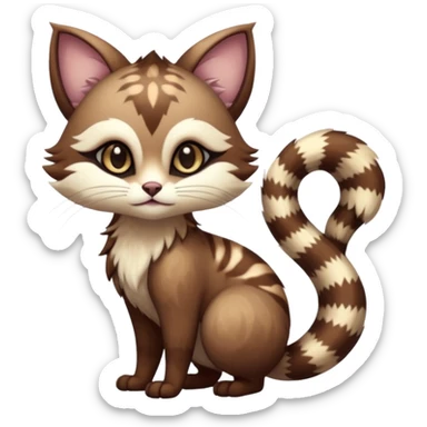 Kawaii dark edgy brown beige white fantasy ethereal feline-vernid-furret-fursona animal creature with a tufted tail full body with intricate markings  sticker