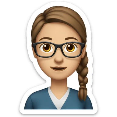 teacher, grey/blue eyes, brown hair, ponytail woman, blackboard, glasses sticker