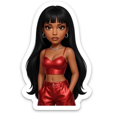 Kelly Rowland with brown eyes, long jet black hair, red metallic sweetheart crop top, red metallic baggy pants, silver necklace sticker