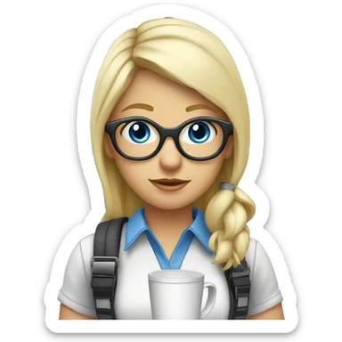 Blue eyed Blond girl with glasses drinking coffee wearing a harness and steel toe boots sticker