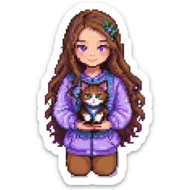 girl with long wavy brown hair and brown eyes wearing purple clothes holding a three-color cat pixel art sticker