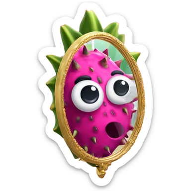 3D elegant Pitahaya with large shiny eyes 👀 Pitahaya hand holds the mirror with its reflection 🪞 sticker
