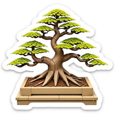 Wide Three tiered Lego bonsai planters stand, shelving nine maple specimens and several smaller azaleas, frame made of one inch thick driftwood sticker