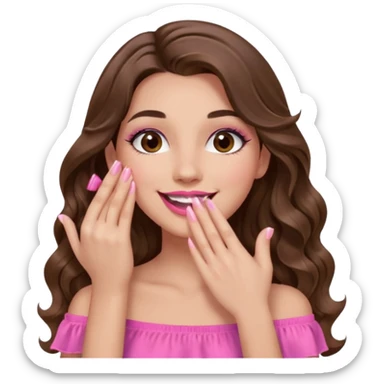 girl with long wavy brown hair, brown eyes, long lashes makeup, pink lips, light to medium complexion, pink sexy top, smiling, hand covering the mouth, giggling sticker