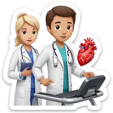 patient on a treadmill, doctor with clipboard supervising, heart monitor in background sticker