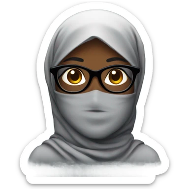 a darkskin lady with black swuared glasses and a hijab sticker