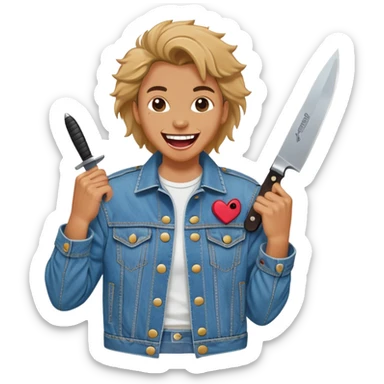 savage person wearing 80s 1988 outfit, denim jacket with shoulder pads, holding a knife, laughing maniacally sticker