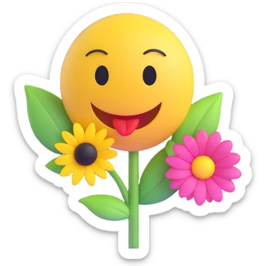 3D smiley emoji, nagy szempillás, virággal, puszit adó sticker