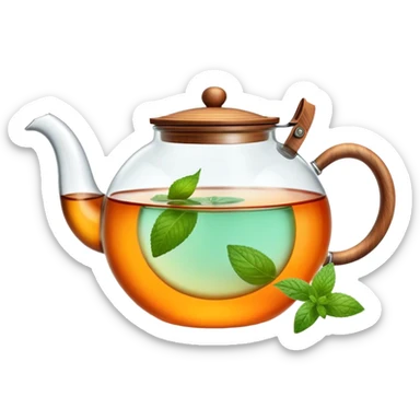 Cinematic realistic emoji depicting a transparent teapot with a realistic wooden lid and glass handle, filled with tea and floating pieces of orange and one mint leaf, rich texture, without unnecessary decoration sticker