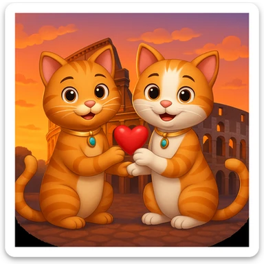 Add the Colosseum in the background with a sunset ambiance, keeping the happy cat proposal in Rome. The style should resemble emoji style. Keep the background transparent if possible. sticker