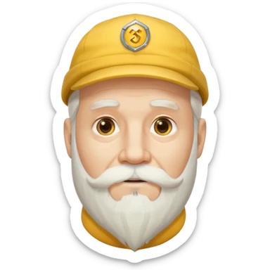 older man with long white beard and cap with yellow 'M', focus on face and beard, Apple-style emoji sticker