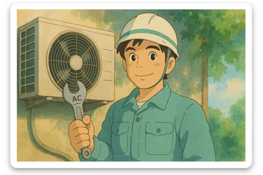 air conditioning technician with wrench and AC symbol, soft colors, ghibli style sticker