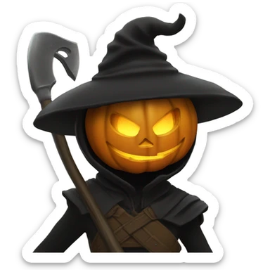 Human female pumpkin hunter with a scythe, glowing pumpkin eyes inside a black helmet, Halloween theme, emoji" sticker