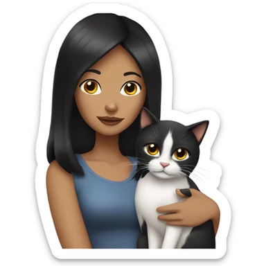 Lady with black straight hair holding a cat sticker