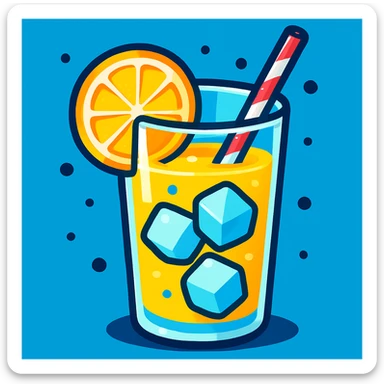 a glass of lemonade, fresh and vibrant, with ice cubes and a lemon slice, fun and appealing style, colorful and lively sticker