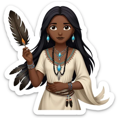 Cinematic Realistic Pocahontas Portrait, depicted with lifelike skin texture, soft natural lighting, and intricately detailed long, flowing raven-black hair that moves gracefully in the wind. Her deep, soulful dark brown eyes exude wisdom and strength, complemented by a serene yet powerful expression. She is shown gently holding a feather in one hand, her other hand resting lightly at her side, embodying the harmonious balance between nature and herself. She is dressed in her classic one-shoulder native American dress, with rich fabric textures and delicate beaded details that catch the light beautifully. The portrait features a soft, sun-kissed glow with a natural, radiant finish, capturing the essence of untamed beauty and deep connection to nature in a realistic and painterly style, evoking a sense of depth and authenticity. sticker