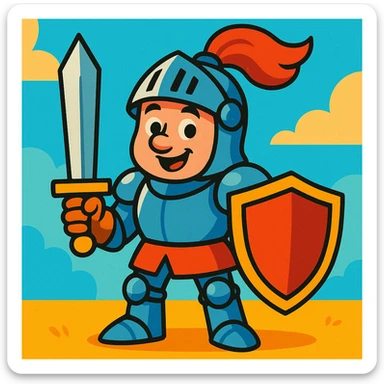 knight in shining armor, cartoon style, bright colors, friendly expression sticker
