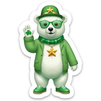 full body friendly anthropomorphised polar bear wearing oversized colorful star glasses, green hat, shamrock accessories, festive green shirt, green shoes, St. Patrick's Day sticker