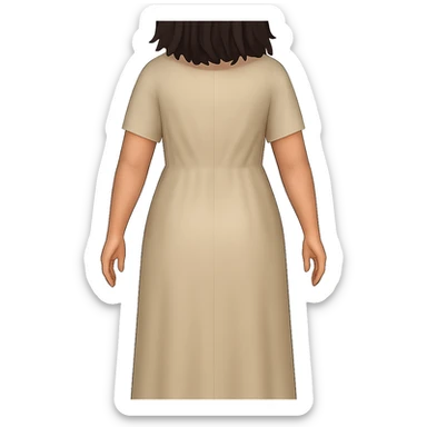 Create a back view, fullbody emoji style character with the same style and proportions as the reference image. The character should wear a plain light tan dress, have dark hair, arms relaxed, and a transparent background. sticker