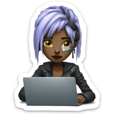 Sad cyberpunk girl working it office with laptop sticker