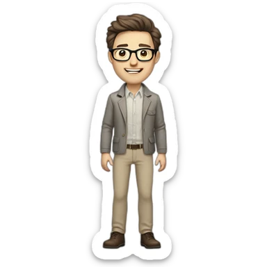 Joyful Full height Pale skinned Fit Man With dark brown hair in gray jacket, beige office shirt, Brown pants and vintage glasses. His thrumbs up sticker